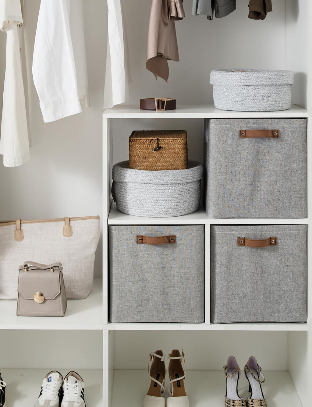 StorageWorks 13x13 Inches Storage Cube, Fabric Storage Bins with PU Handles, Collapsible Organizer Baskets for Closet, Gray, 4-Pack