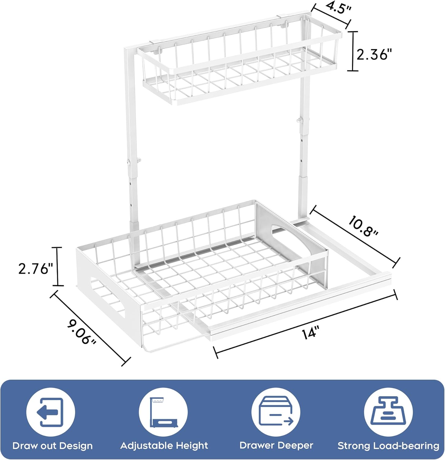 Under Sink Organizer, 2 Pack Height Adjustable Cabinet Organizer with Slide Out Drawer, Pull Out Under Sink Storage, Multi-Purpose 2 Tier Sink Shelves for Kitchen Bathroom Pantry (White, 2 Pack)