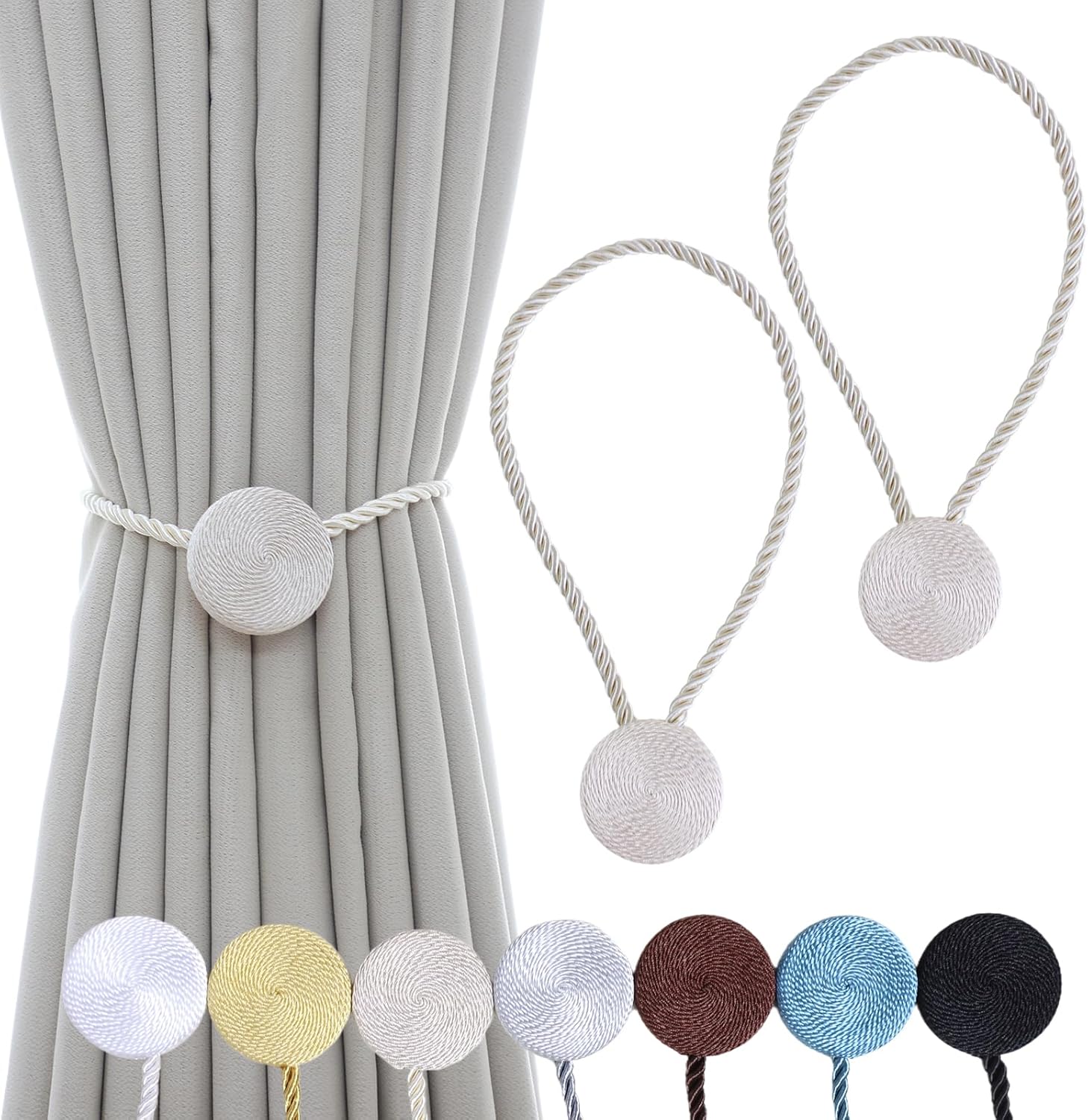 Magnetic Curtain Tiebacks - 12mm Magnetic Tie Backs for Curtains, Heavy Duty No Drill Curtain Holdbacks for Home/Office Windows Drapes, Elegant Gift-Ready Design 7 Colors (2, Beige)