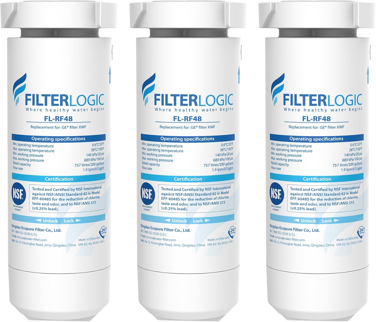 Filterlogic FL-RF48 Replacement for GE® XWF, NSF Certified Refrigerator Water Filter, 3 Filters（Not XWFE®)