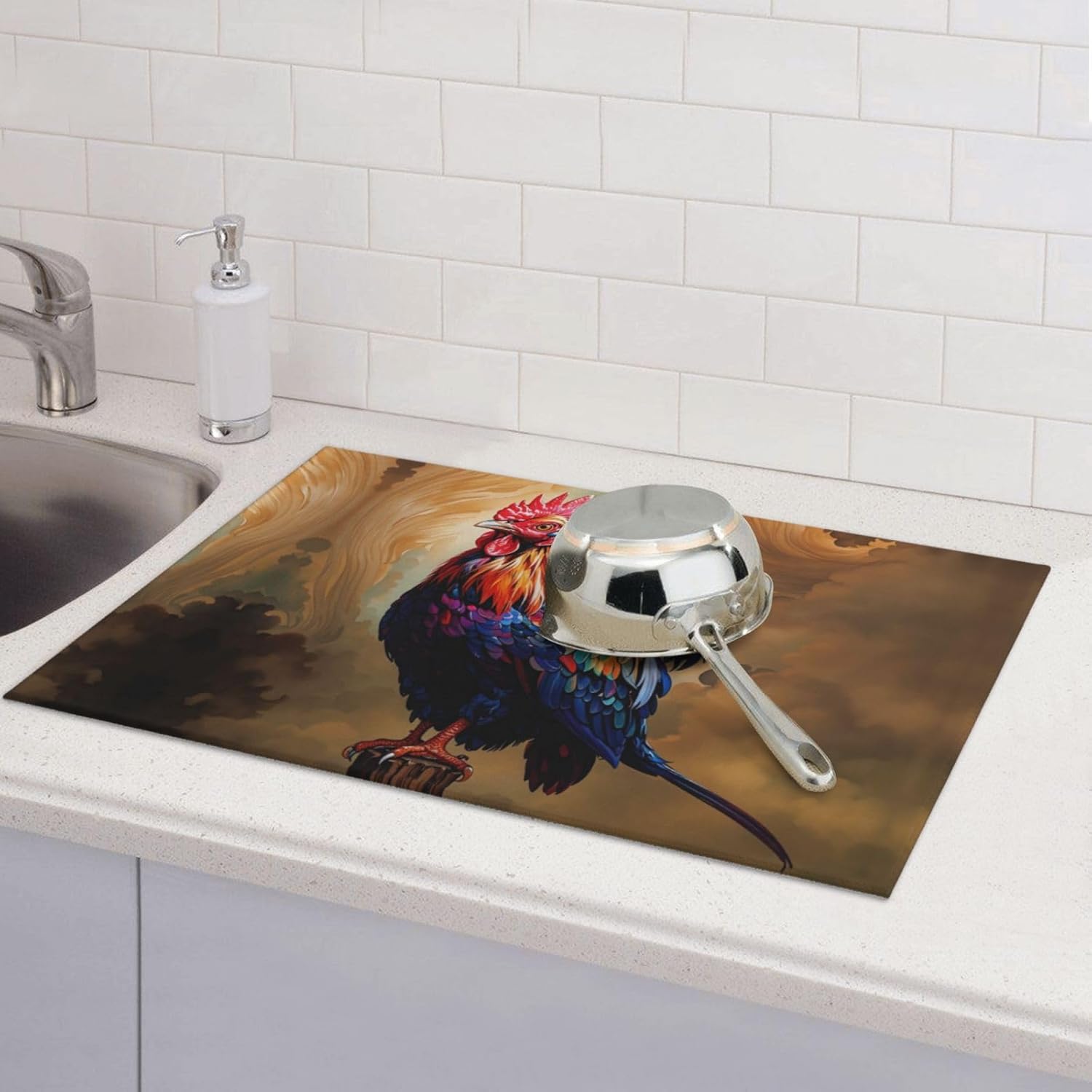 Rooster Dish Drying Mat Highly Absorbent Double-Sided Microfiber with Hanging Loop Reversible Drain Dish Rack Mat Drain Mat Suitable for Kitchen Countertop Coffee Bar 18 x 24 Inch