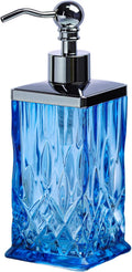 10Oz Diamond Grid Pattern Blue Glass Soap Dispenser with Rust Proof Stainless Steel Pump,Refillable Hand Soap Dispenser for Bathroom & Kitchen Hand Soap,Lotion,Body Wash(Square)