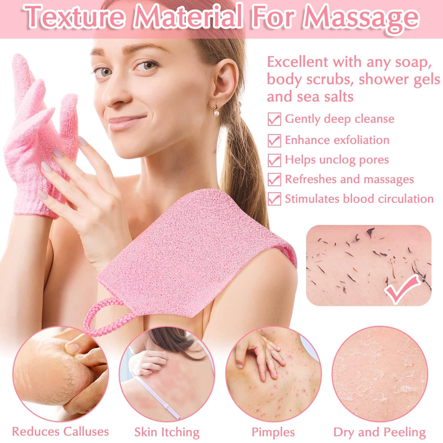Anezus Exfoliating Shower Bath Gloves Back Scrubber Set for Body, Face, Shower, Bath, Scrub and Exfoliator (Pink)