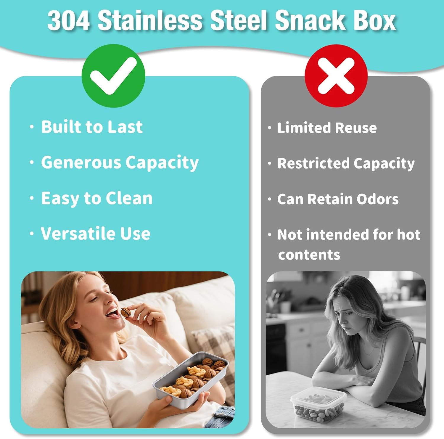 6 Pack Stainless Steel Snack Containers with Lids, 2-Compartment Bento Box, Lunch Box & Salad Dressing Container To Go, Leakproof Food Storage for Adults, Dishwasher Safe for Travel Office