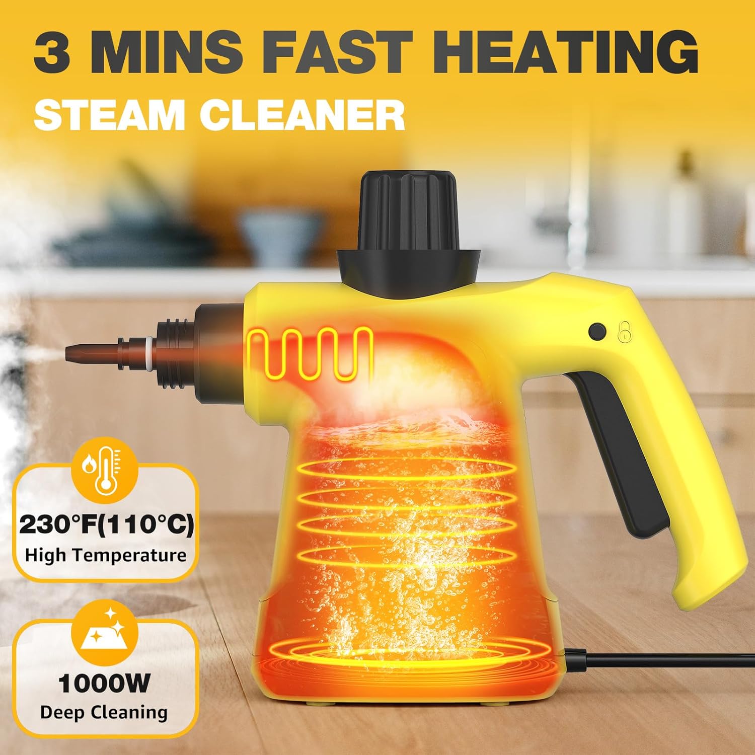 Pressurized Handheld Steam Cleaner, Portable Multi-Surface Cleaner for Home, Multipurpose Steam Cleaner for Tile, Grout, Windows, Bathroom, with 12pcs Accessories (Yellow)