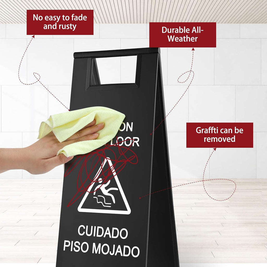 Stainless Steel Wet Floor Caution Sign Bulk 8.8 Pound Portable Foldable Handle Bilingual Safety Sign for Kitchen Restaurant Supermarket Shop Commercial Use Avoid Fall and Slip Accident (Black)
