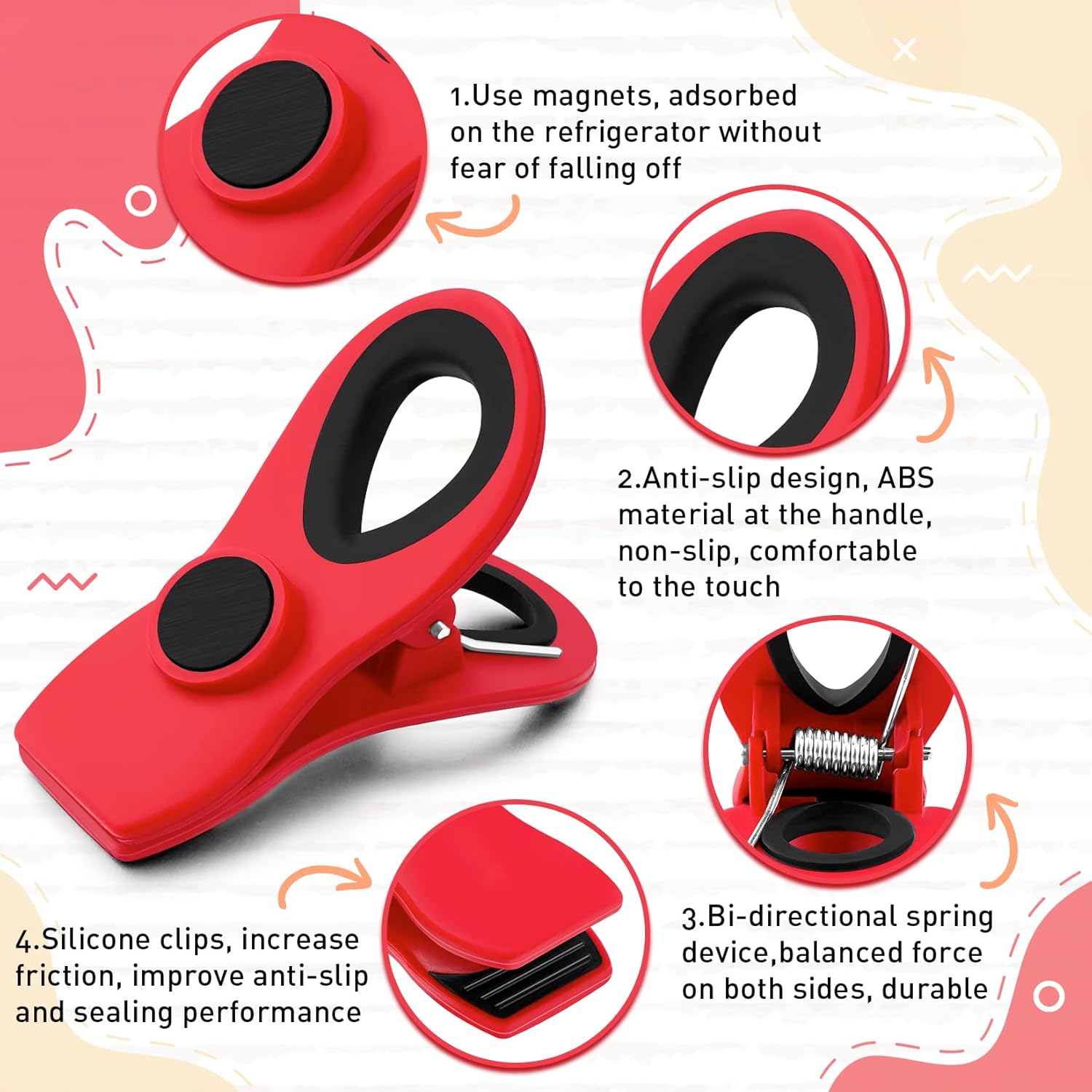 FINDMAG 12 Pack Chip Clips, Red Magnetic Bag Clip for Food Packages, Airtight Clips with Handle Durable Bag Sealers for Metal Surface, Garden, Fridge, Potatoes, Bread, Kitchen