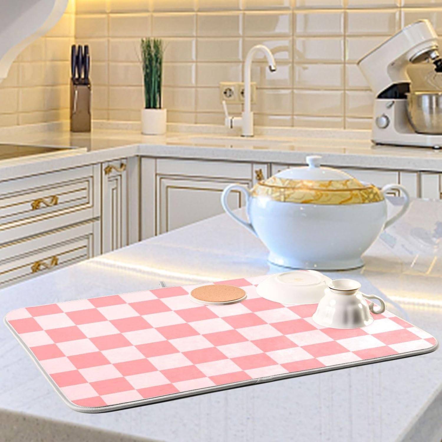 Buffalo Plaid Pink Dish Drying Mat for Kitchen Countertop 18x24 Chessboard Rectangle Large Drying Mat Reusable Quick Dry Dish Sink Absorbent Mats Dishwasher Easy Clean Decorative Home Essentials