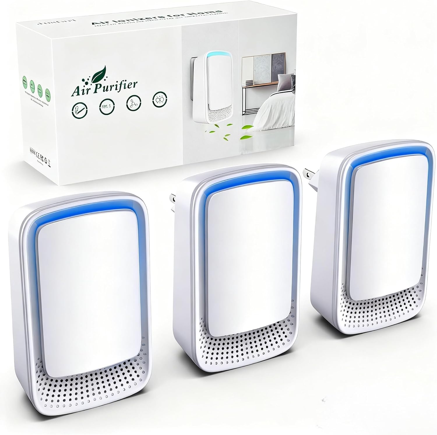 Air Ionizers for Home (3 Pack), Negative Ion Generator, Quiet Air Freshener for Bedroom, Office, Kitchen, Portable Air Filter Odor, Smoke Dust, Pets, Eliminator, Mini Air Cleaner