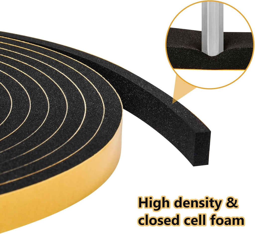 Black Weather Stripping Door Seal Strip (3/5 Inch X 1/16 Inch X 32Feet), Strong Adhesive, Lightproof, Soundproof, Weatherproof Foam Tape Insulation for Sliding Door, Front Door Frame, Windows
