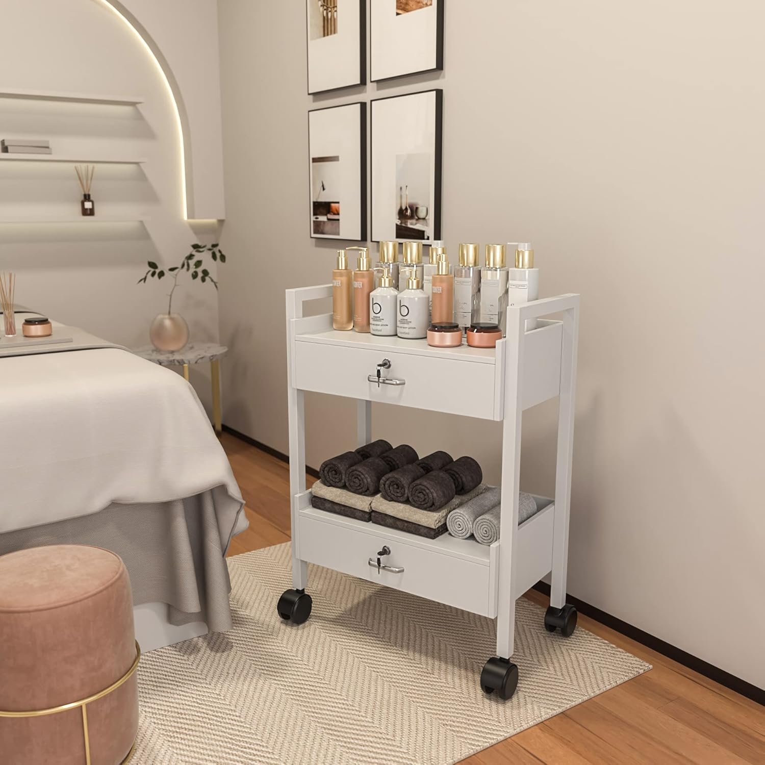 Paddie Salon Trolley Cart, Salon Tray Wooden Mobile Utility Cabinet with 2 Lockable Drawers, Rolling Storage Station Medical Esthetic Supply Holder for Beauty Spa (2 Drawers, White)