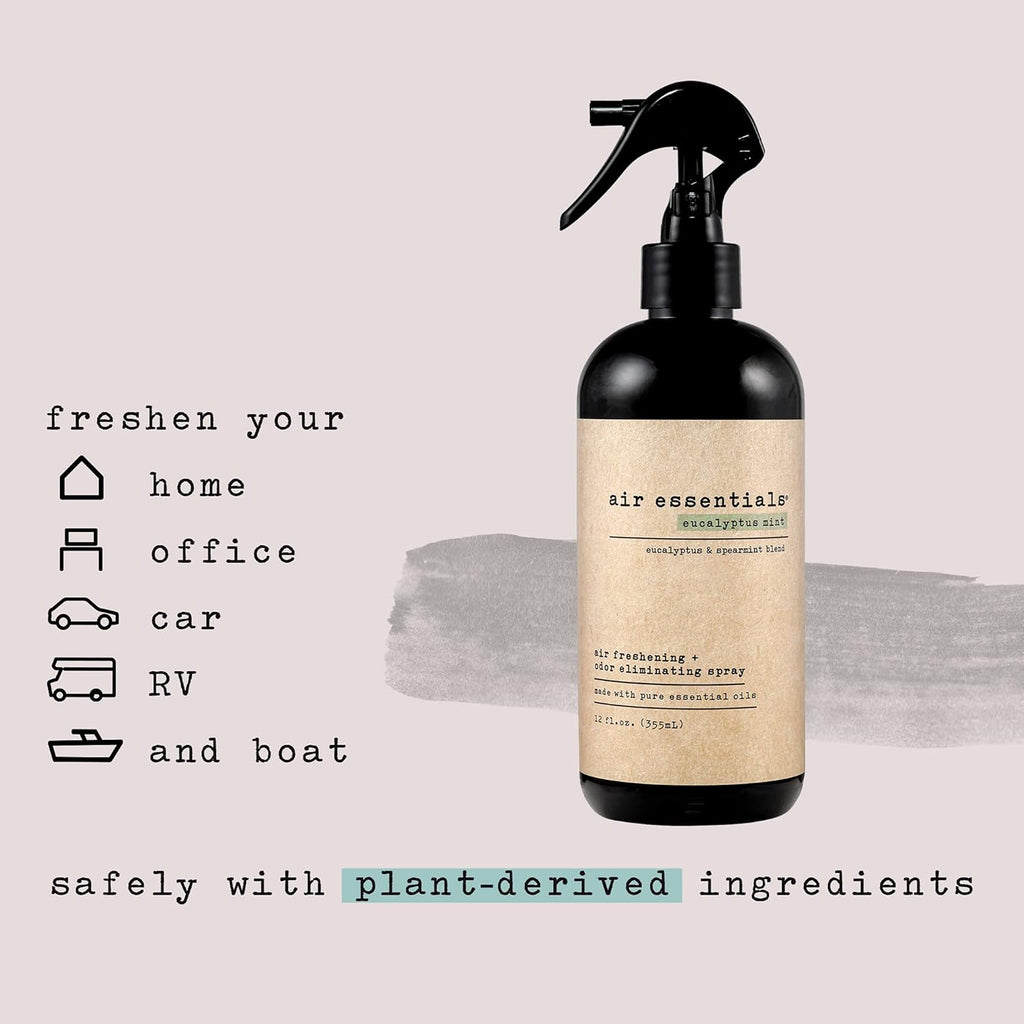 Air Essentials Air Freshener & Odor Eliminator Spray - 12 oz, Pack of 2 - Made with Pure Essential Oils - Eucalyptus Mint Scent