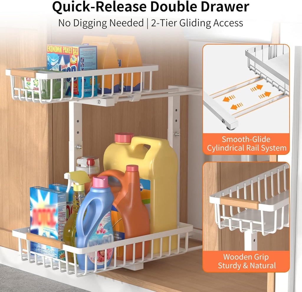 Under Sink Organizer, Under Sink Organizers and Storage, 2-Tier Pull Out Under Cabinet Organizer Storage Shelf, Metal Frame, Height Adjustable Rack for Bathroom Kitchen Pantry