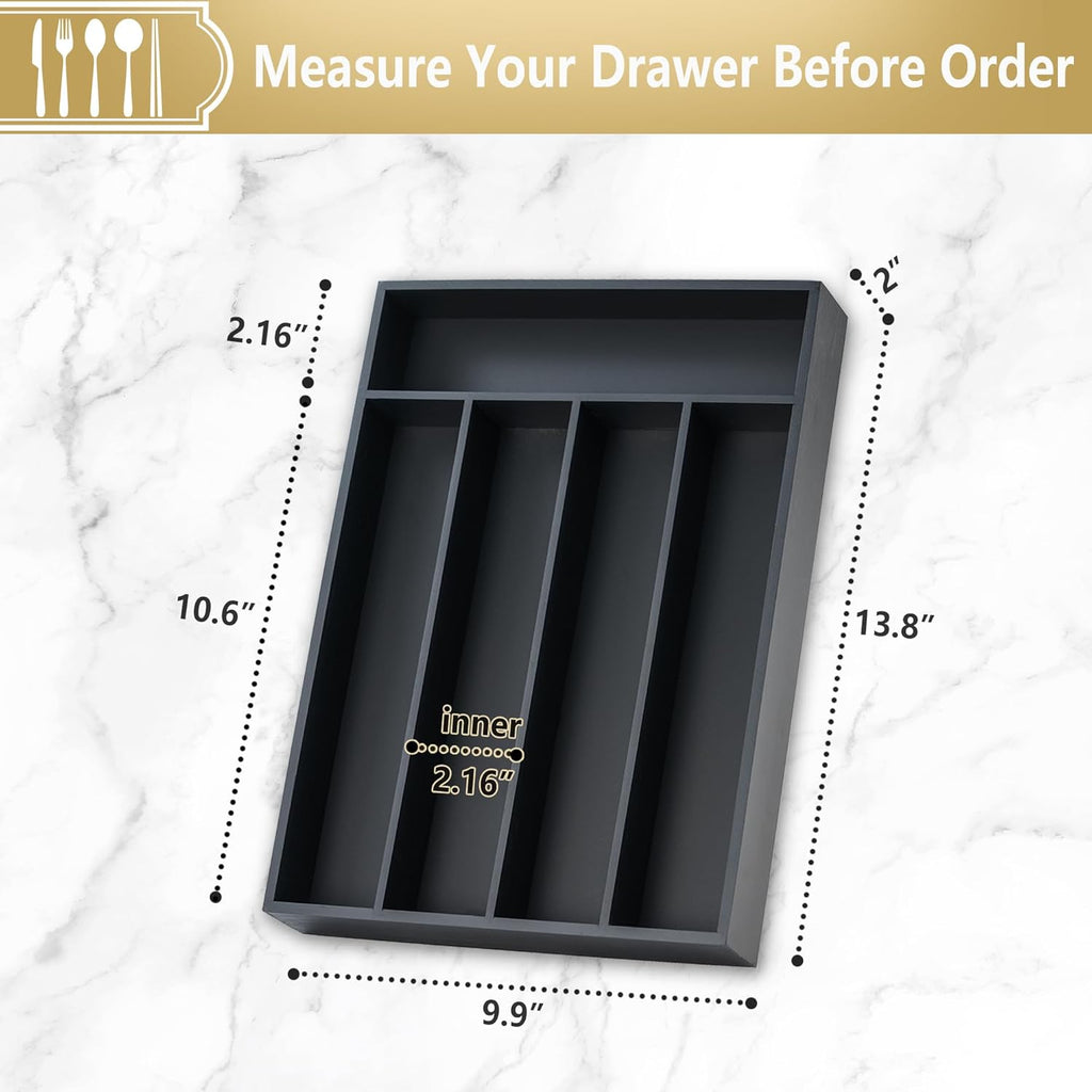 Silverware Organizer, 10 Inch Utensil Organizer Kitchen Drawer Organizer Bamboo Silverware Holder Cutlery Tray Organizer in Drawer Flatware Organizer Tray(5 slots, Black）