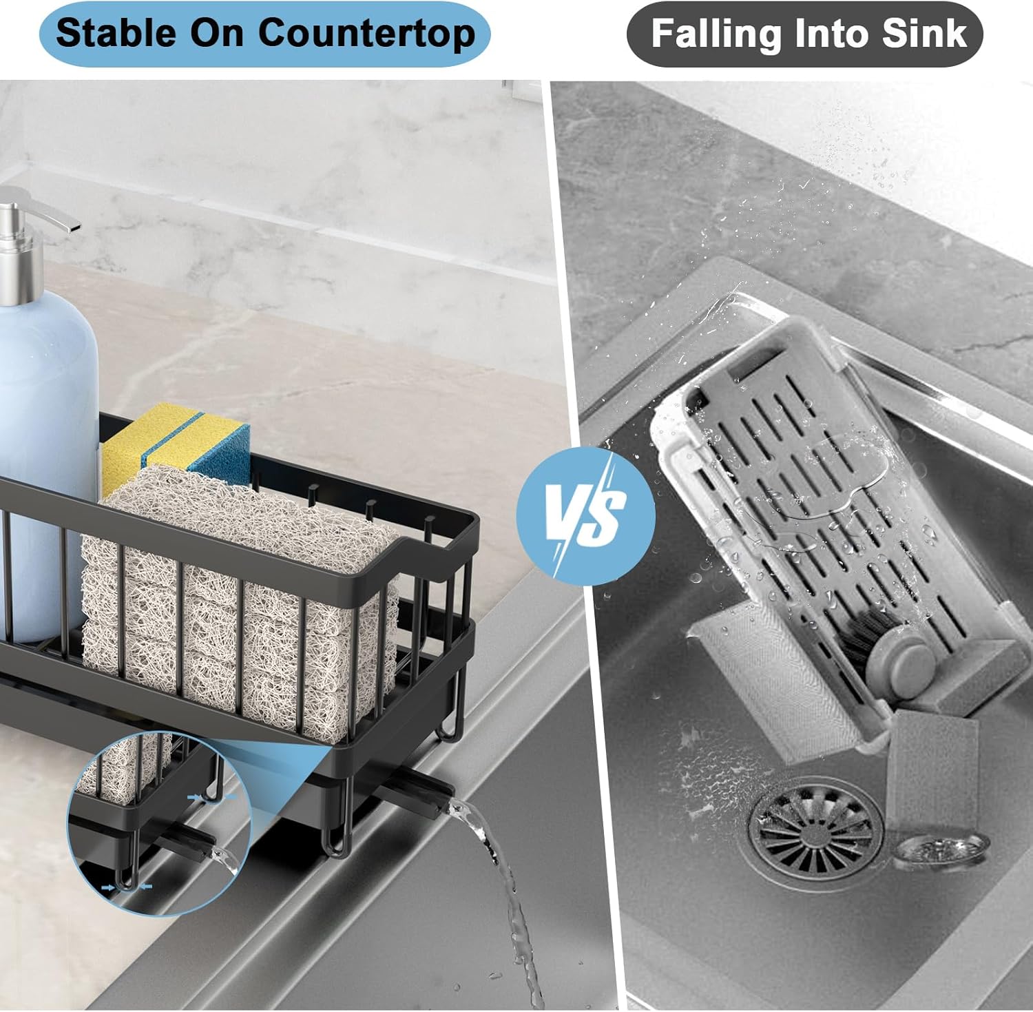 Sponge Holder for Kitchen Sink, Sink Caddy with High Brush Holder, Rustproof and Strong, anti slip, Self Draining spout is ideal, Keep Countertop Cleaning, Black