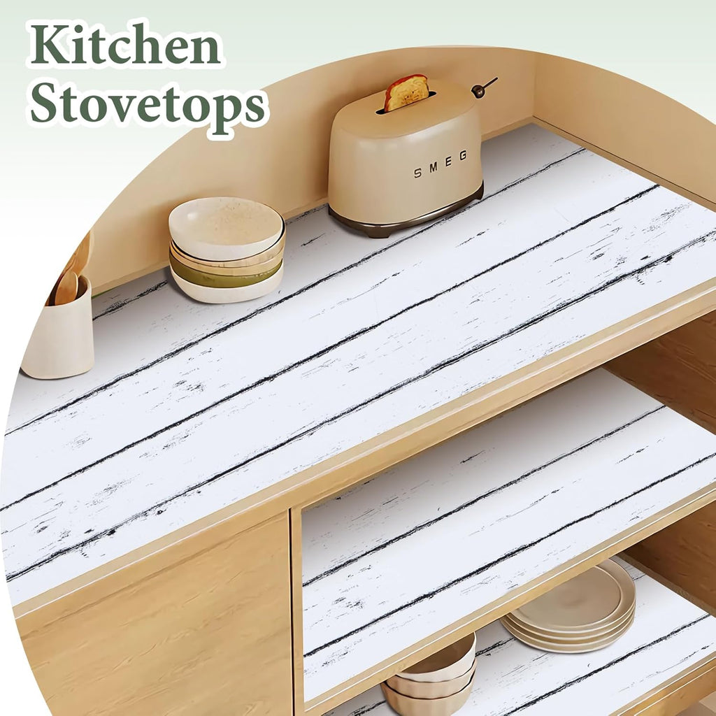 Shelf Liner for Kitchen Cabinets Non Adhesive Drawer Liner 17in x 20FT White Grain Non-Slip Thickened Shelf Liner Paper Strong Easy to Clean for Tool Box Refrigerator with Knife and Tape Measure