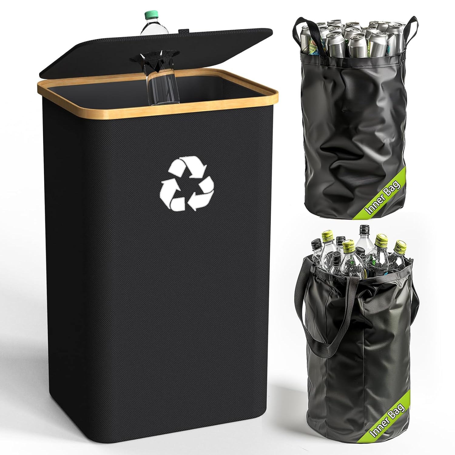 Recycling Bin for Kitchen Indoor Home, Large 26 Gallon 100L Recycle Bin with Lid Removeable Reusable Inner Bag Bottle Can Glass Waste Plastice Stickers,Black