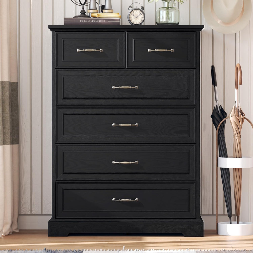 6 Drawer Dresser for Bedroom, 43" Tall Wooden Chest of Drawers, Rustic Farmhouse Dresser with Large Drawers & Metal Handles, Modern Storage Organizer for Closet, Living Room, Hallway, Black