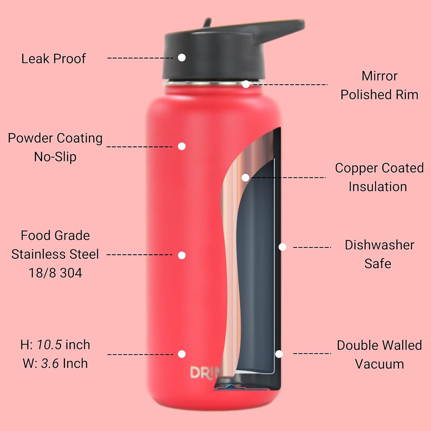 DRINCO Stainless Steel Water Bottle Spout Lid Vacuum Insulated Double Wall Water Bottle Wide Mouth (40oz 32oz 22oz 18oz 14oz) Leak Proof Keeps Cold or Hot (32 oz, 32oz Barn Red)