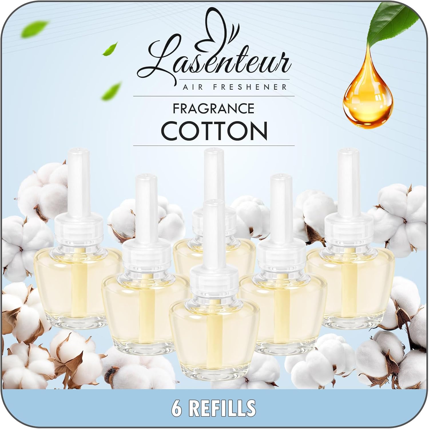 LASENTEUR Plug in Scented Oil Refill, 6 ct, Cotton Scent Long-Lasting Natural Fragrance for Home, Bathroom Bedroom Office, Compatible with Airwick, Compatible with Glade