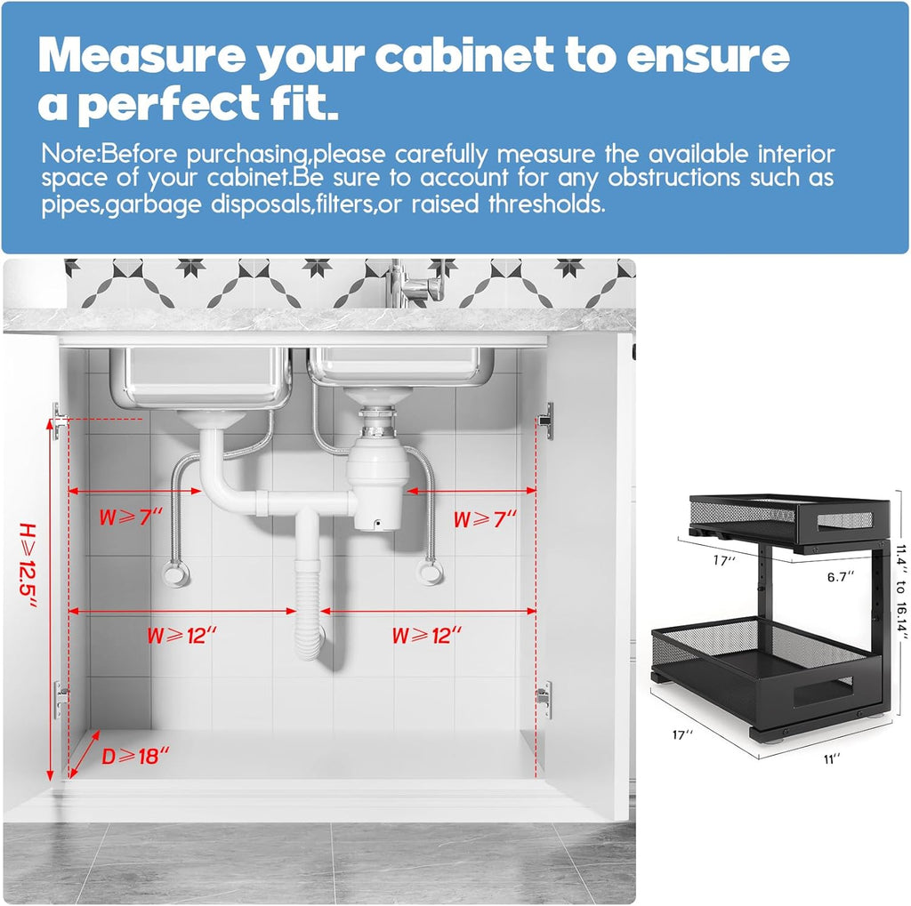 2 Pack 17IN Depth Under Sink Storage Organizer, Large 2-Tier Elegant Mesh Pull Out Shelf for Kitchen and Bathroom Cabinet Organization, L-Shaped and Adjustable Height Design-Black