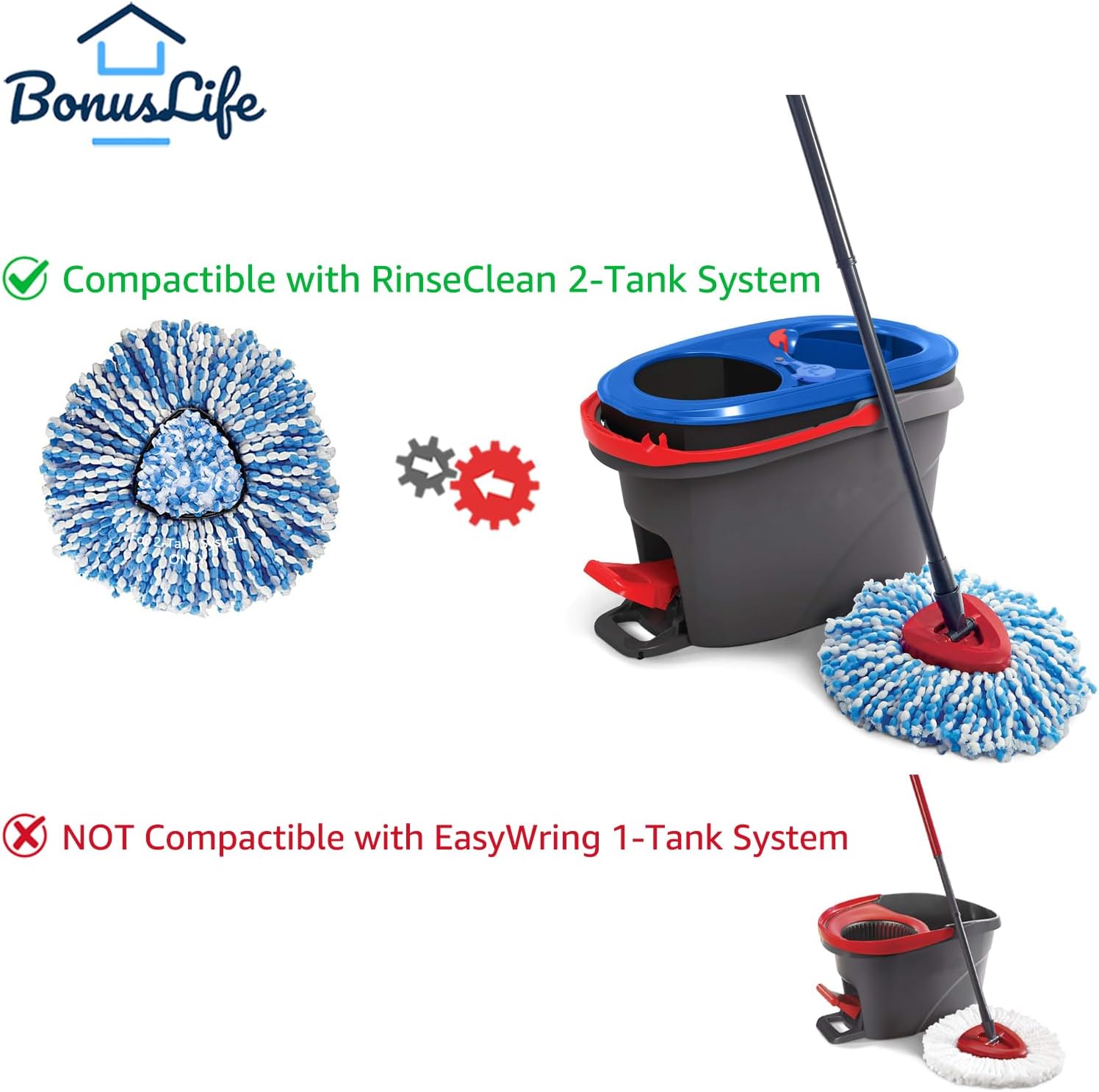 BonusLife 3-Pack Mop Head for O-Ceda RinseClean Spin Mop Refill 2-Tank System Only Easy Cleaning Microfiber Replacement