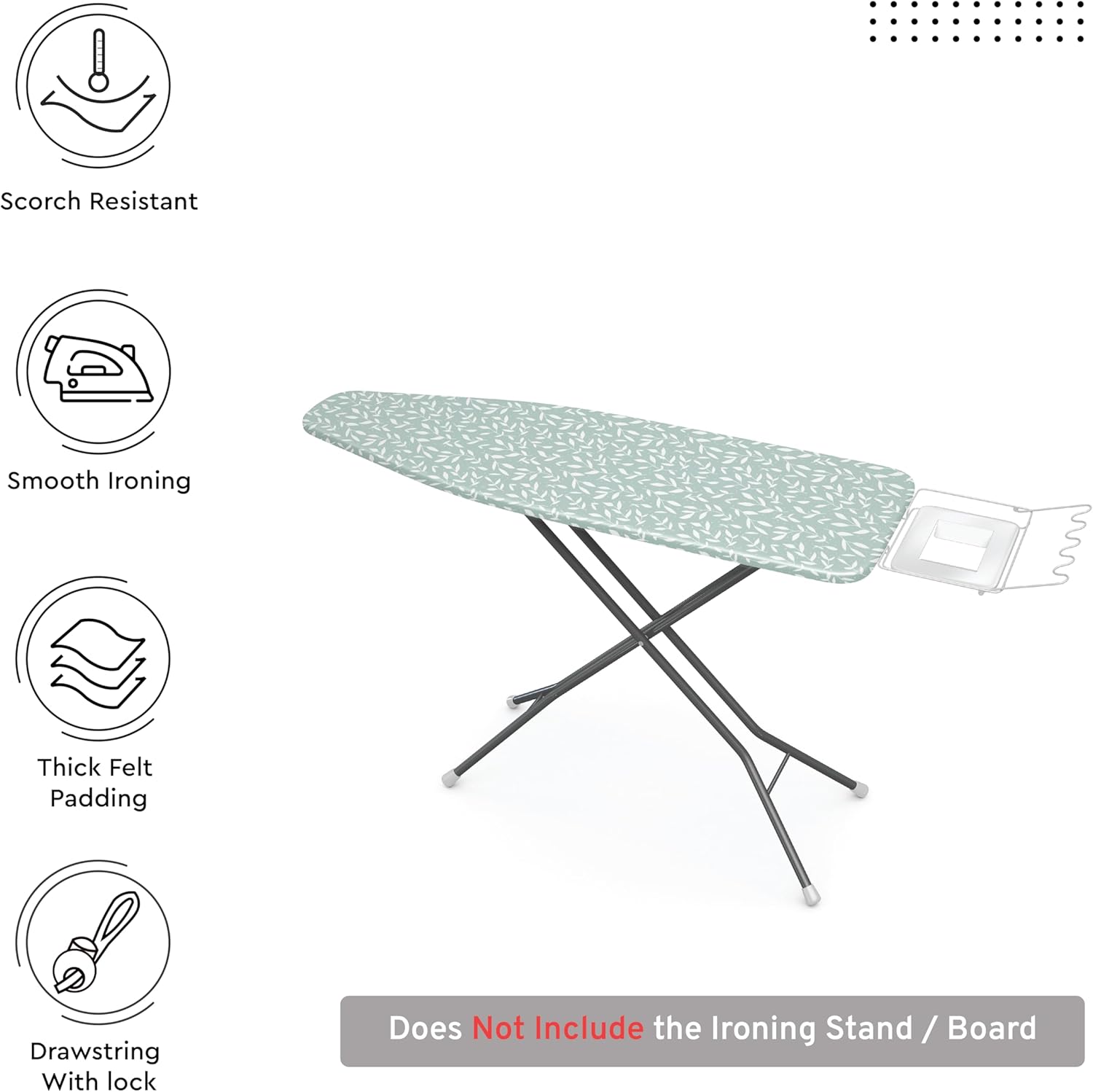 Encasa XO Ironing Board Cover and Pad 42"x14" - Thick 3mm Felt Padding, Drawstring Tightening & Lock, Easy Fit, Scorch & Stain Resistant, Fits Medium Ironing Board - Green Leaflet