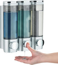 Shampoo and Conditioner Dispenser, Pollock Shower Soap Dispenser 3 Chamber No Drill, Wall Mounted Shampoo Body Wash Conditioner for Bathroom Large Capacity Silver