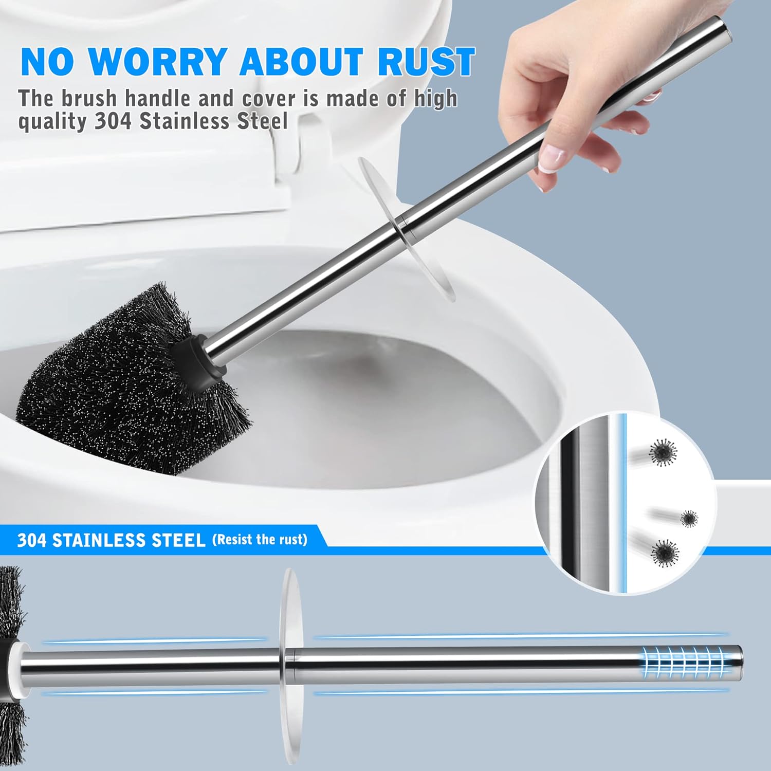 Toilet Brush and Holder, 2 Pack Toilet Brush with 304 Stainless Steel Long Handle, Toilet Bowl Brush for Bathroom Toilet-Ergonomic, Elegant,Durable (Grey)