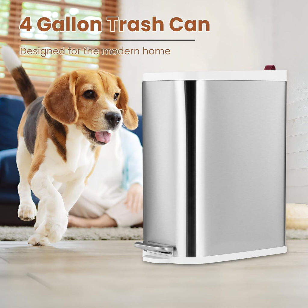 BETHEBEST 4 Gallon/15 Liter Trash Can with Soft Close Lid,Stainless Steel Garbage Can with Removable Inner Bucket,Step Pedal Trash Can for Bathroom,Bedroom,Kitchen