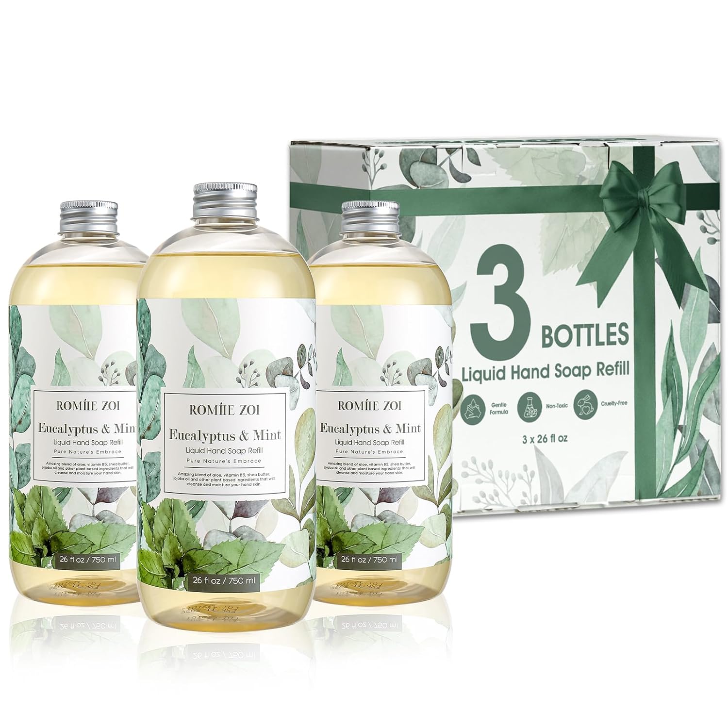 ROMIIE ZOI Eucalyptus & Mint Liquid Hand Soap Refill, Gentle & Moisturizing Formula, Natural Cruelty-Free Soap, Large 750 ML Bottles Bulk for Kitchen, Bathroom, and Dispensers (26 FL OZ, Pack of 3)
