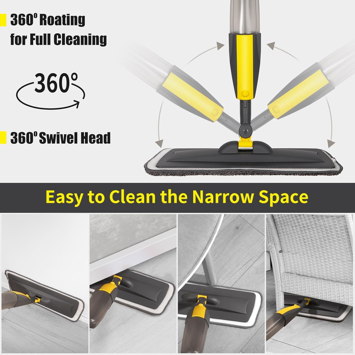 Mops for Floor Cleaning, Spray Mop with 400ml Refillable Bottle and 2 Replacement Pads Dry Wet Floor Household or Commercial Hardwood Laminate Tile Ceramic (Yellow)