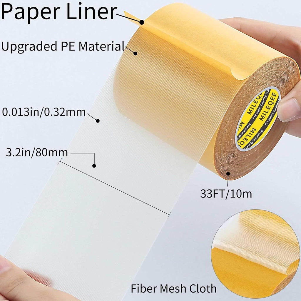 3Pack Double Sided Tape Heavy Duty, 3.2in x 33FT (99FT Total), Universal High Tack Strong Wall Adhesive with Fiberglass Mesh, Super Sticky Resistente Clear Tape, Easy Use Mounting Tape