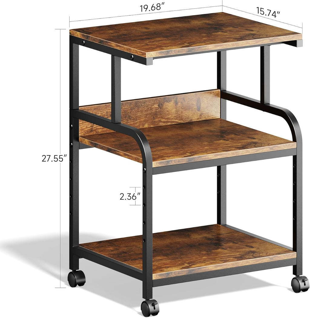 Warmiehomy Printer Stand, 20×16×28'' Printer Table with Wheels, 3 Tier Rolling Cart with Adjustable Storage Shelf, Space Saving 3D Desk for Home Office, Mini Fridge & Heat Press Stand, Rustic Brown