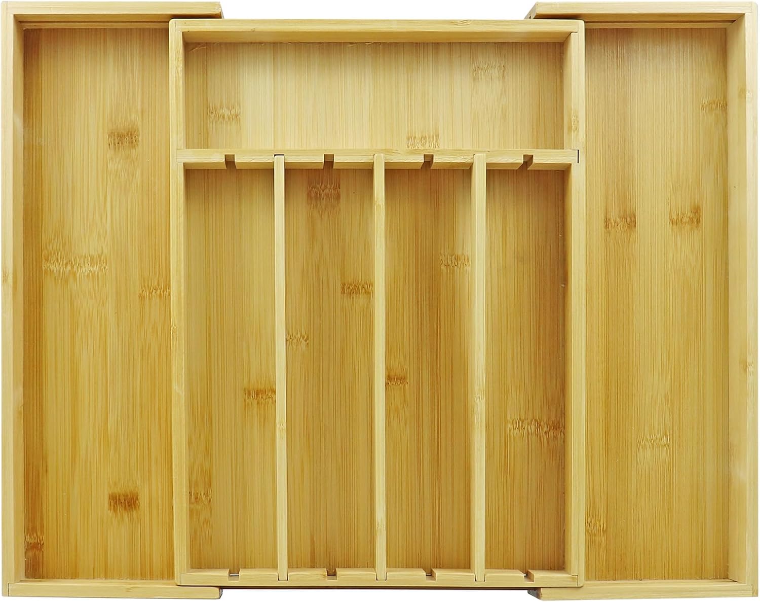 Kitchen Bamboo Silverware Drawer Organizer - Expandable Utensil Organizer for Flatware, Adjustable Cutlery & Knives. Ideal Utensil 7 Slots Total Drawer Organizer for Kitchen, Natural
