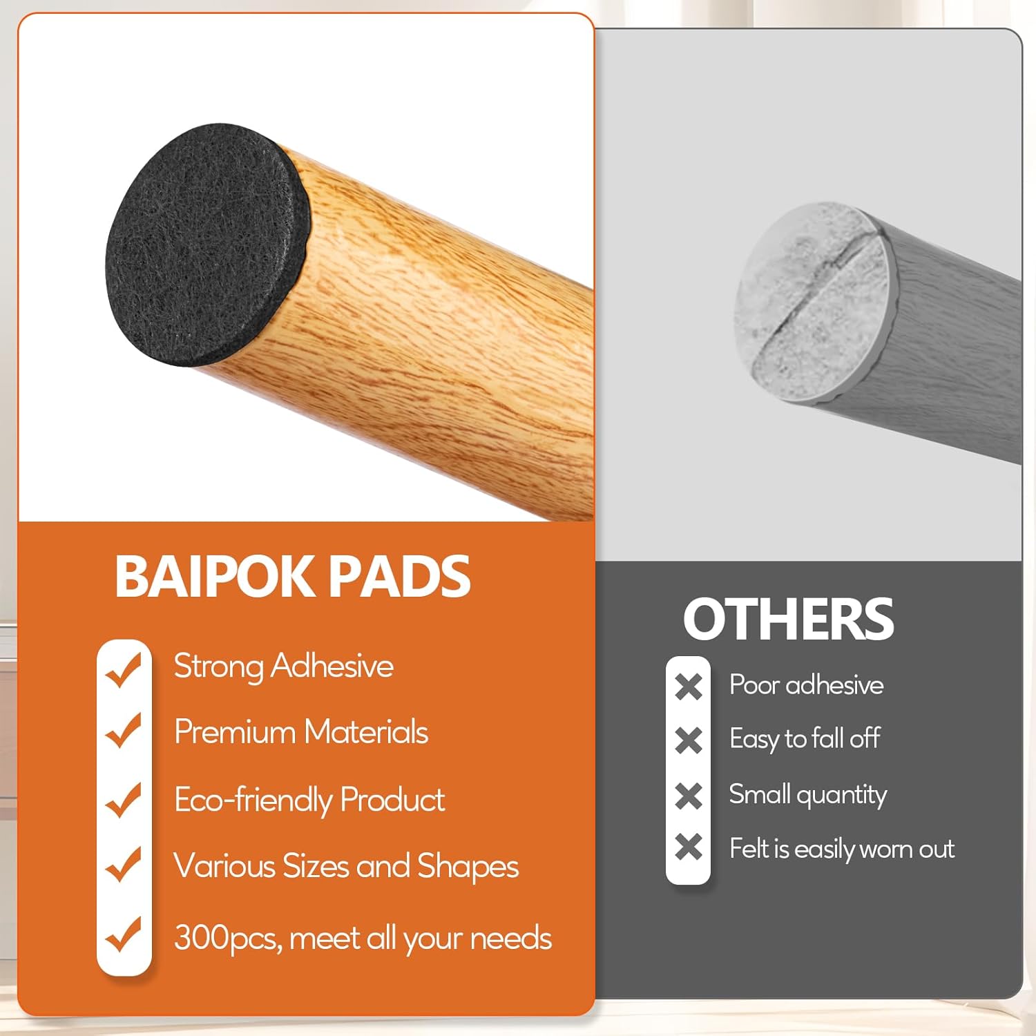 Furniture Pads 300 Pieces Felt Furniture Pads Premium Huge Pack, BAIPOK Self Adhesive Anti Scratch Floor Protectors for Desk Chair Legs and 60 Rubber Bumpers for Hardwood Tile Floor