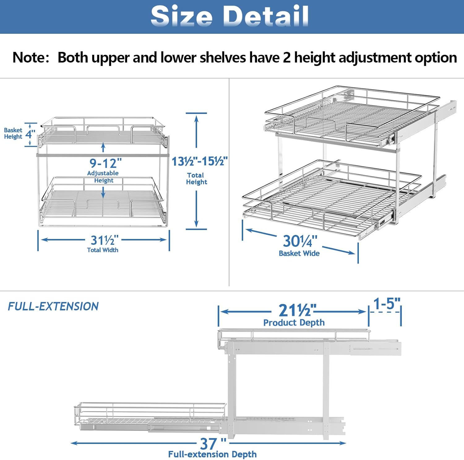 ROOMTEC Individual Pull Out Cabinet Organizer (31½" W x 21½" D), 2 Tier Spice Rack Organizer for Cabinet, Slide Out Drawer Pantry Shelf Organization and Storage for Kitchen Bathroom
