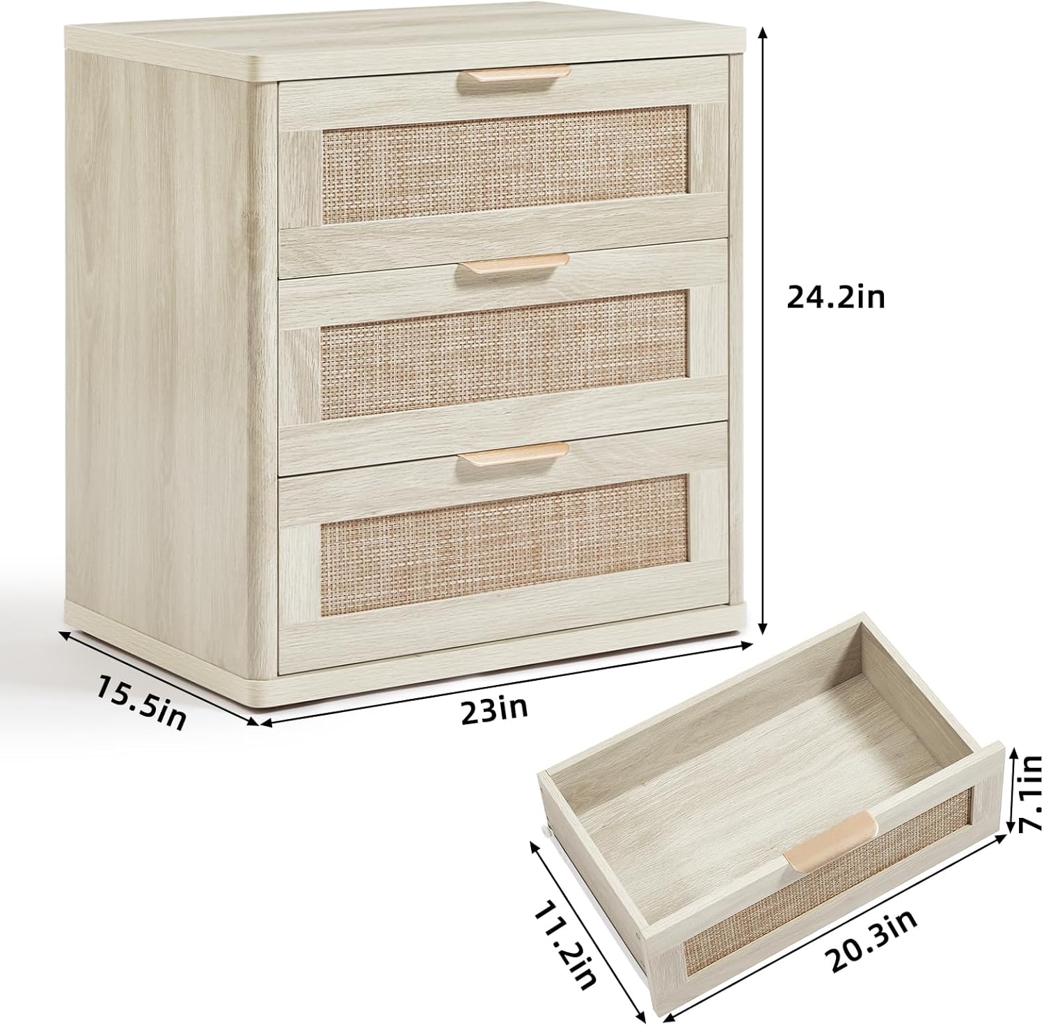 LEYAOYAO Rattan Night Stand with Drawers, 23" Large 3 Drawer Boho Nightstand, Grey White Bedside Table Storage Cabinet, Bed Side End Tables Dresser for Bedroom, Living Room, Hallway, Closet