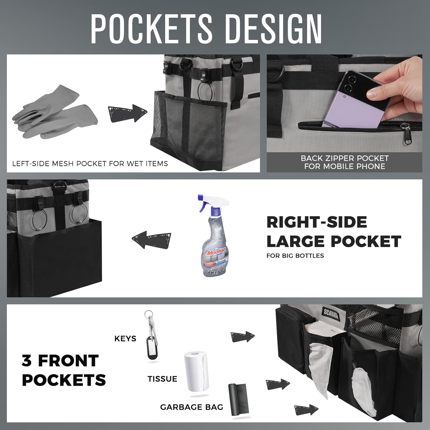 Wearable Cleaning Caddy Bag, Cleaning Caddy Supplies Organizer with Handle & Shoulder Straps for Housekeepers, Under Sink & Car Cleaning Tool Organizers with 4 Foldable Divider (Grey)