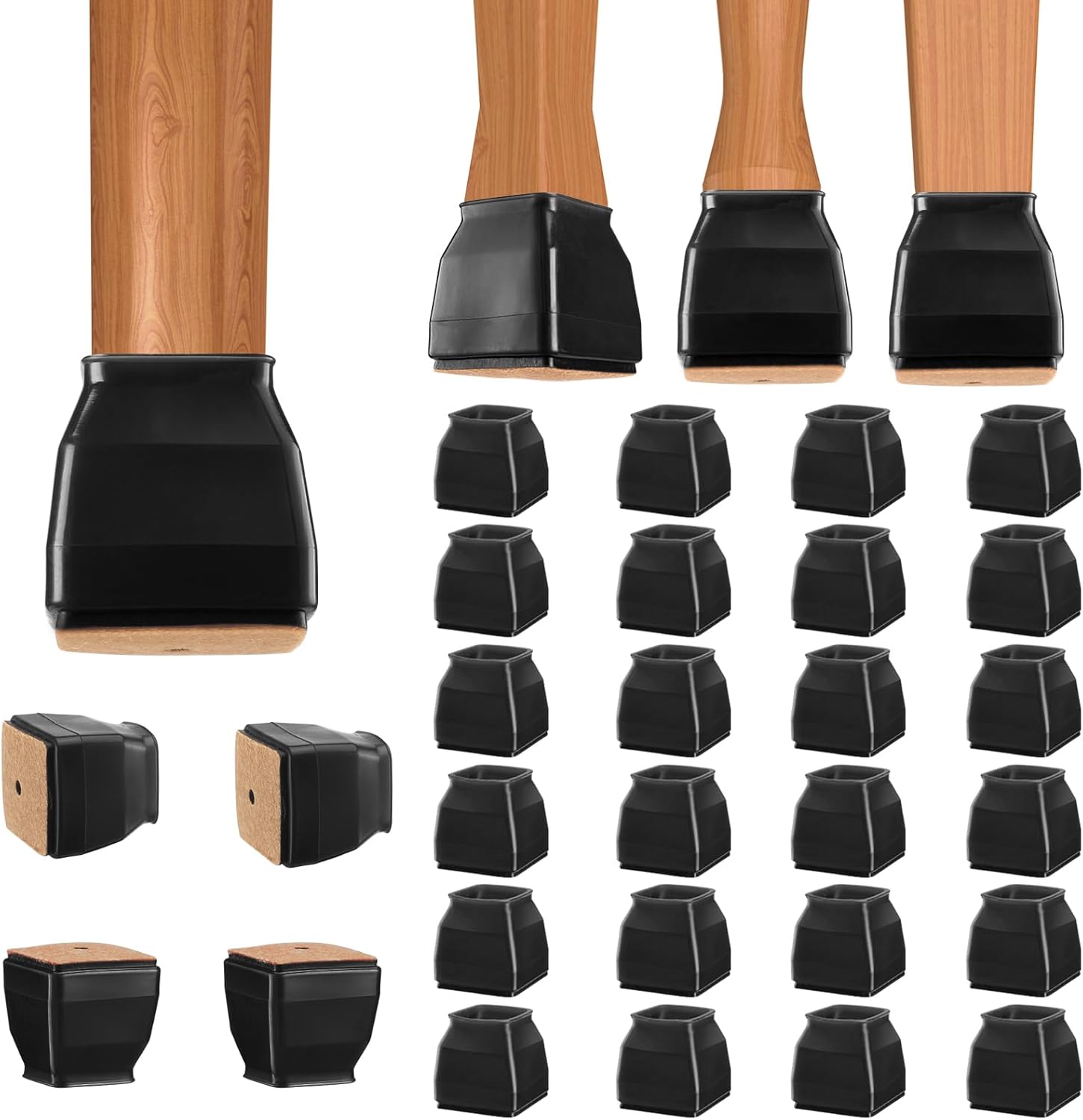 BALEINE 24 Pack Silicone Chair Leg Floor Protectors, Stool Leg Protectors Cap, Non-Slip Chair Leg Caps for Hardwood Floors (Black & Small (Square), 24 Pack)