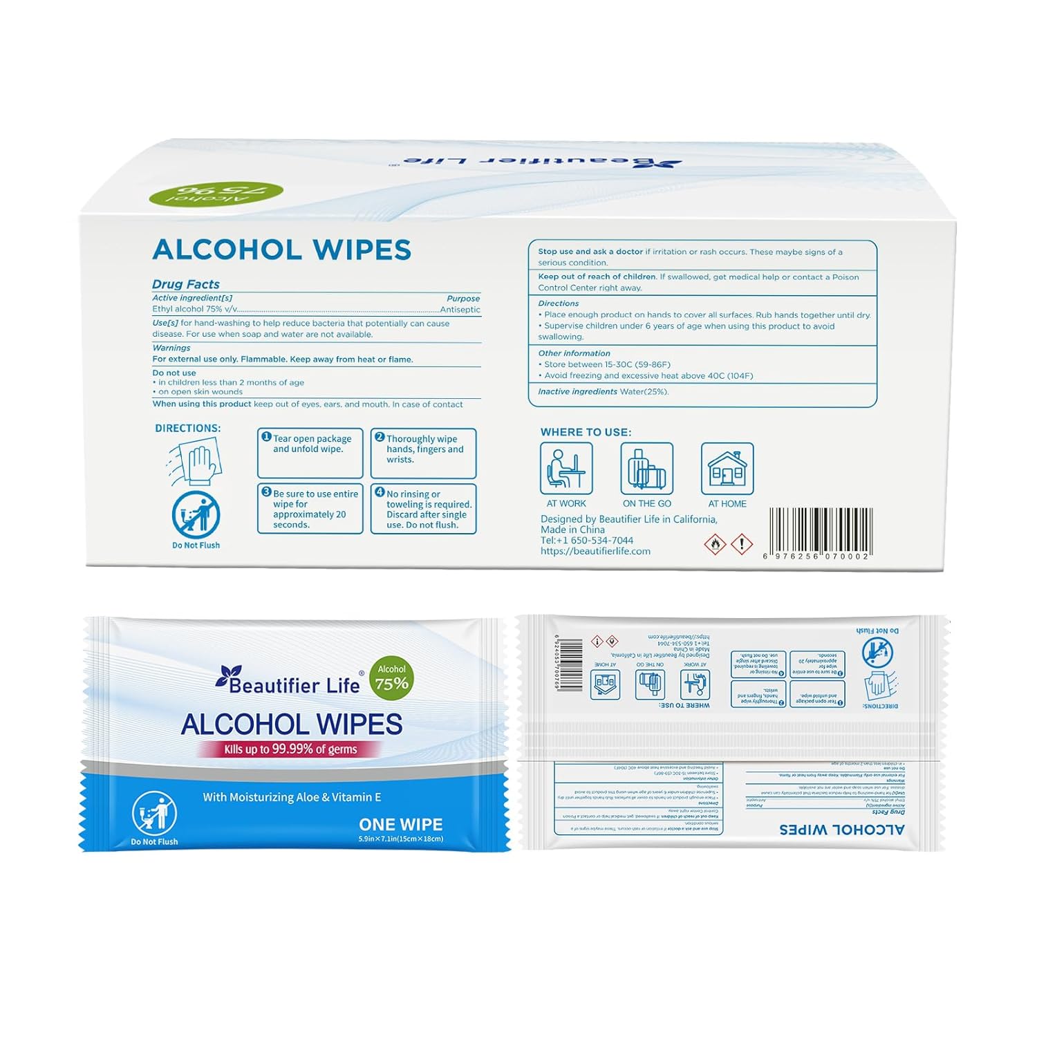 100 Count Individually Packed Hand Sanitizing Wipes - 75% Alcohol Formula with Aloe, Moisturizer, and Vitamin E - Premium Sanitizer for Travel, Home, Office, and School Use