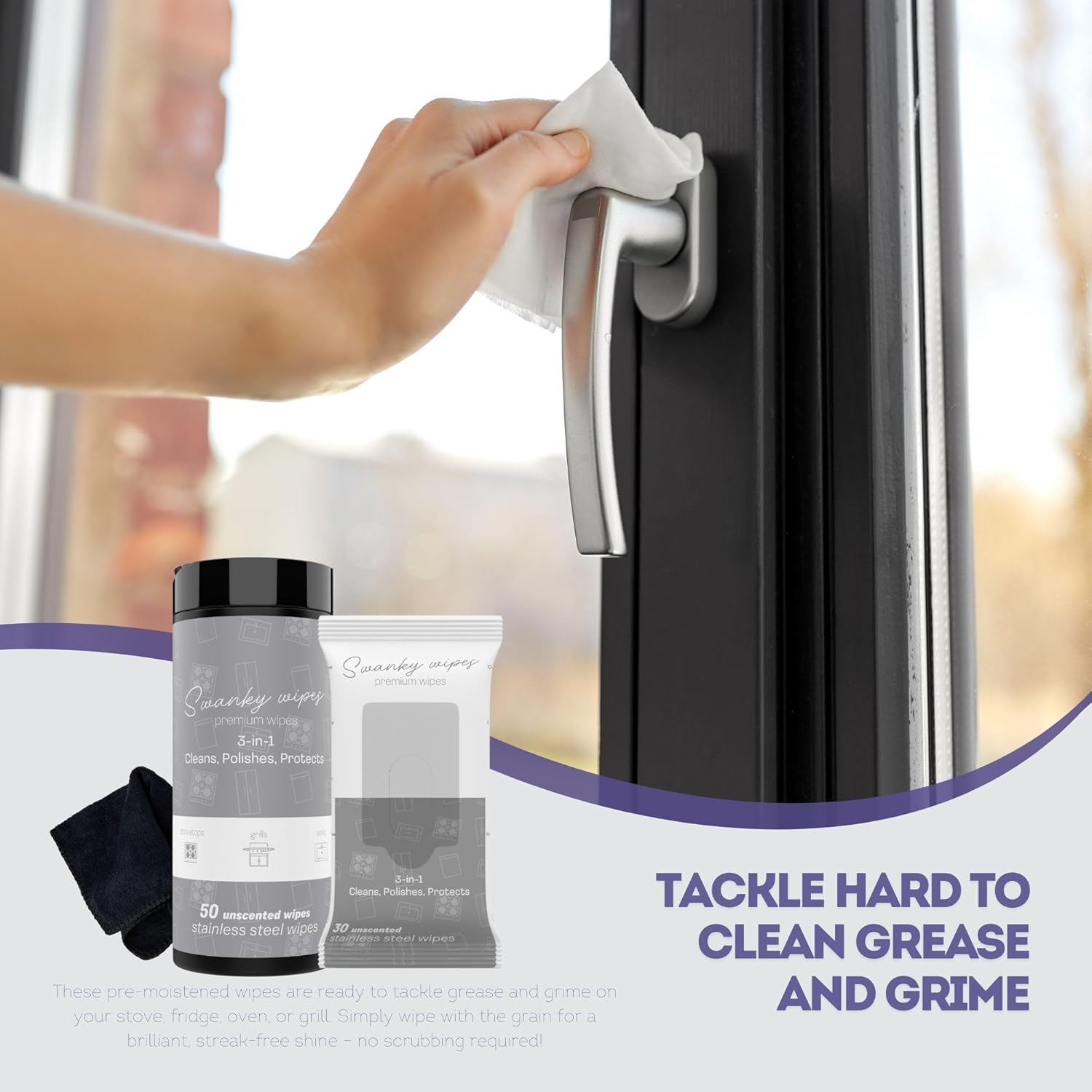 Swanky Stainless Steel Cleaner Wipes Bundle - Grime & Grease Remover Kitchen Cleaning Supplies - Clean & Shine for Stove, Refrigerator, Sink, Oven & Appliances - Soft Wipes (30 Ct) & Canister (50 Ct)
