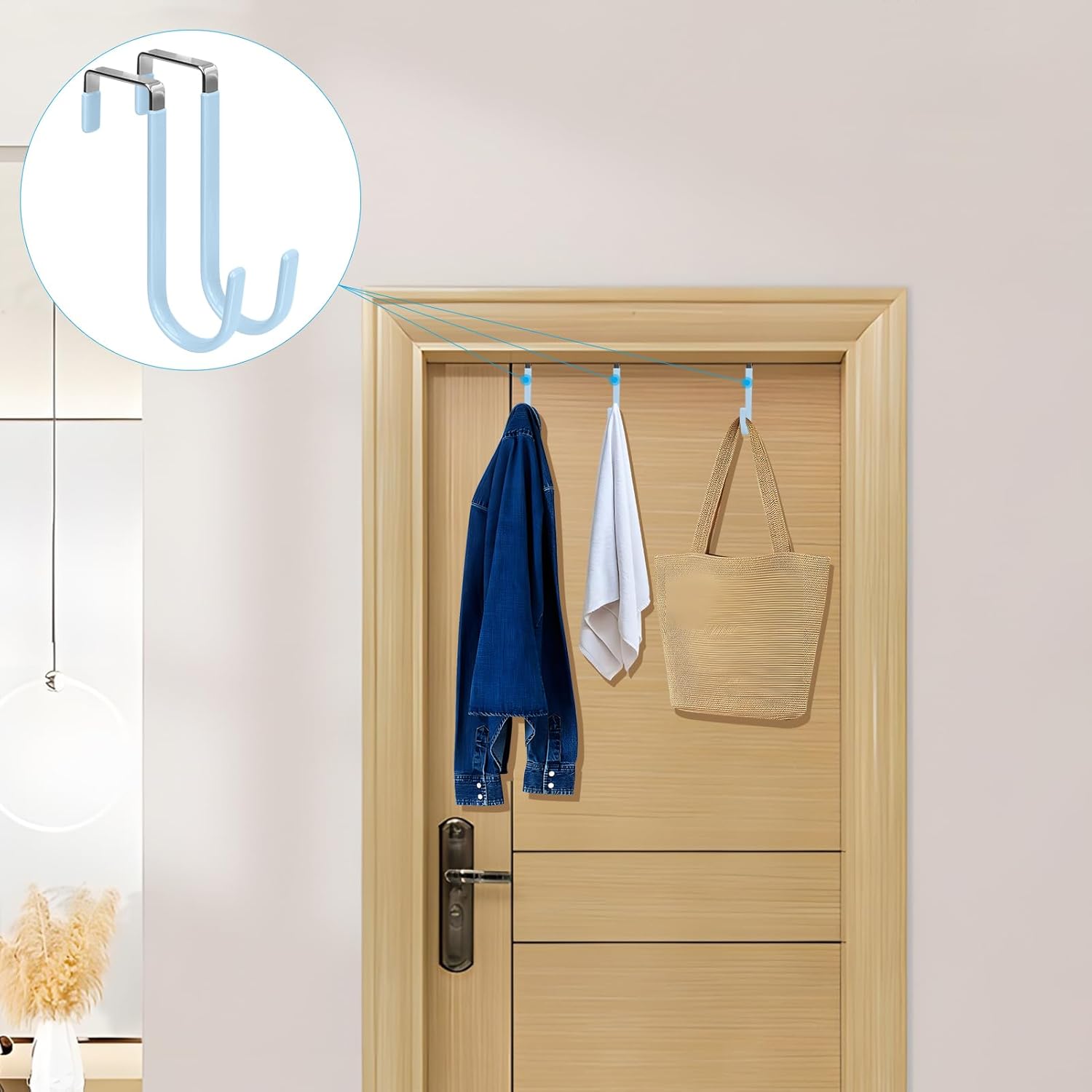 FYY Over The Door Hooks, 4 Pack Door Hangers Hooks with Rubber Prevent Scratches Heavy Duty Organizer Hooks for Living Room, Bathroom, Bedroom, Kitchen Hanging Clothes Towels Hats Coats Bags Cyan