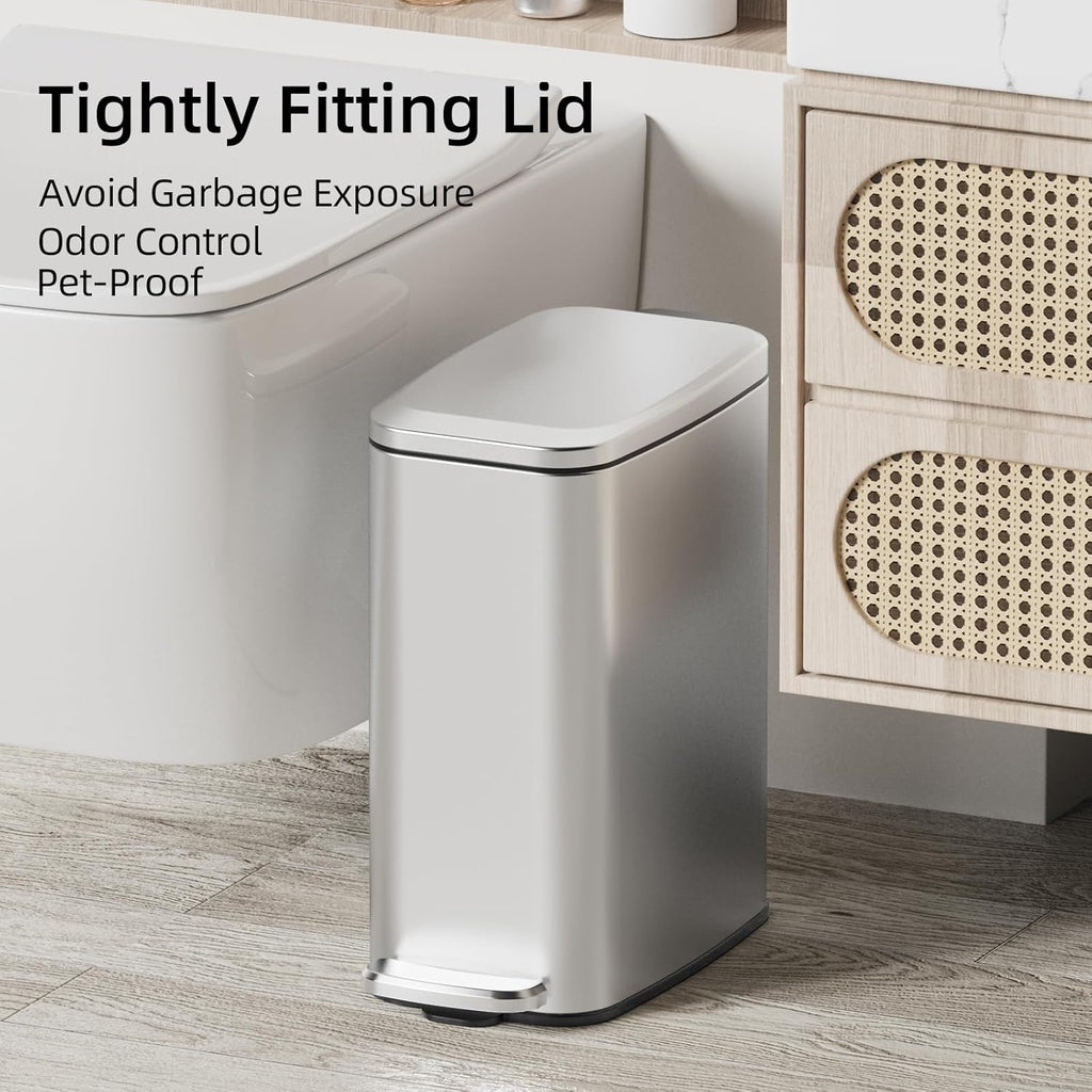 KUK Slim Bathroom Trash Can with Lid, 1.6 Gal / 6L Stainless Steel Small Garbage Bin with Detachable Inner Bucket, Step Pedal, Silent Close, Wastebasket for Toilet, Bedroom, Home, Office (Silver)