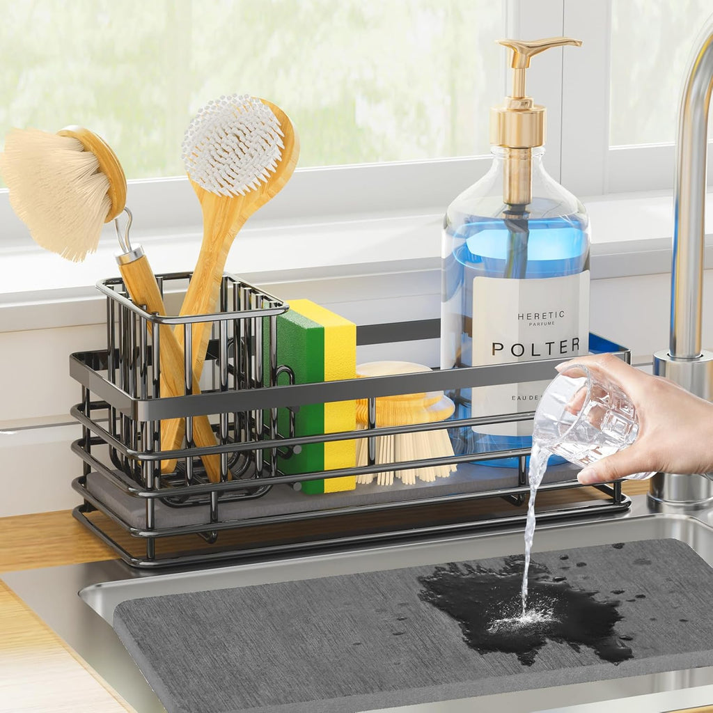 Yofidra Sponge Holder for Kitchen Organizer: Sink Caddy with Instant Drying Stone, Metal Stainless Steel, 9.5" X 3.5" X 5.2" Home Decor Storage and Organization Accessories