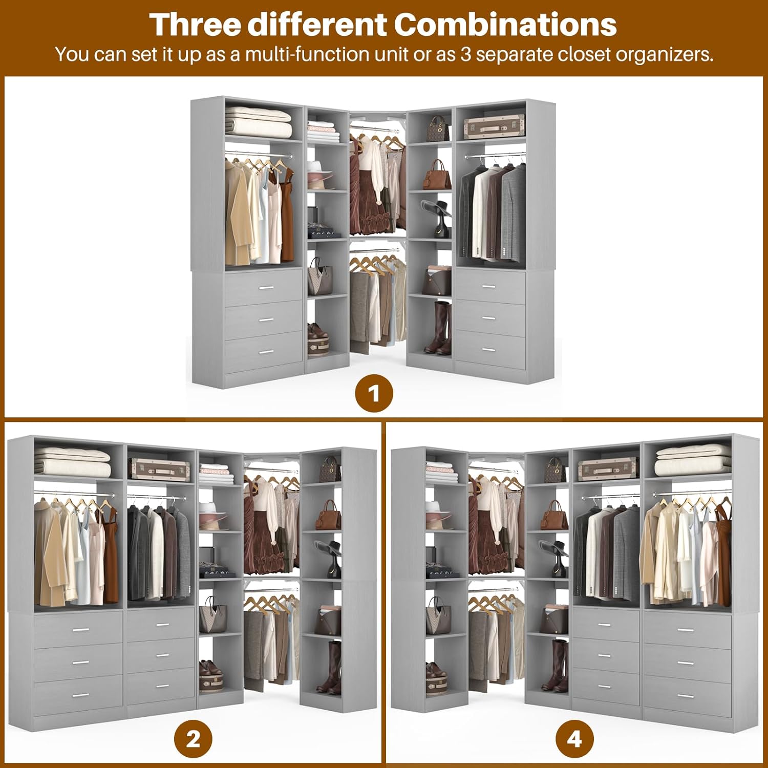 Corner Closet System with 6 Drawers, Closet Organizer System with 14 Shelves & 4 Hanging Rods, 87.2"L * 39.2"W / 63.2"L * 63.2"W Reversible L Shaped Walk-in Closets, Load 2500+LBS, Grey