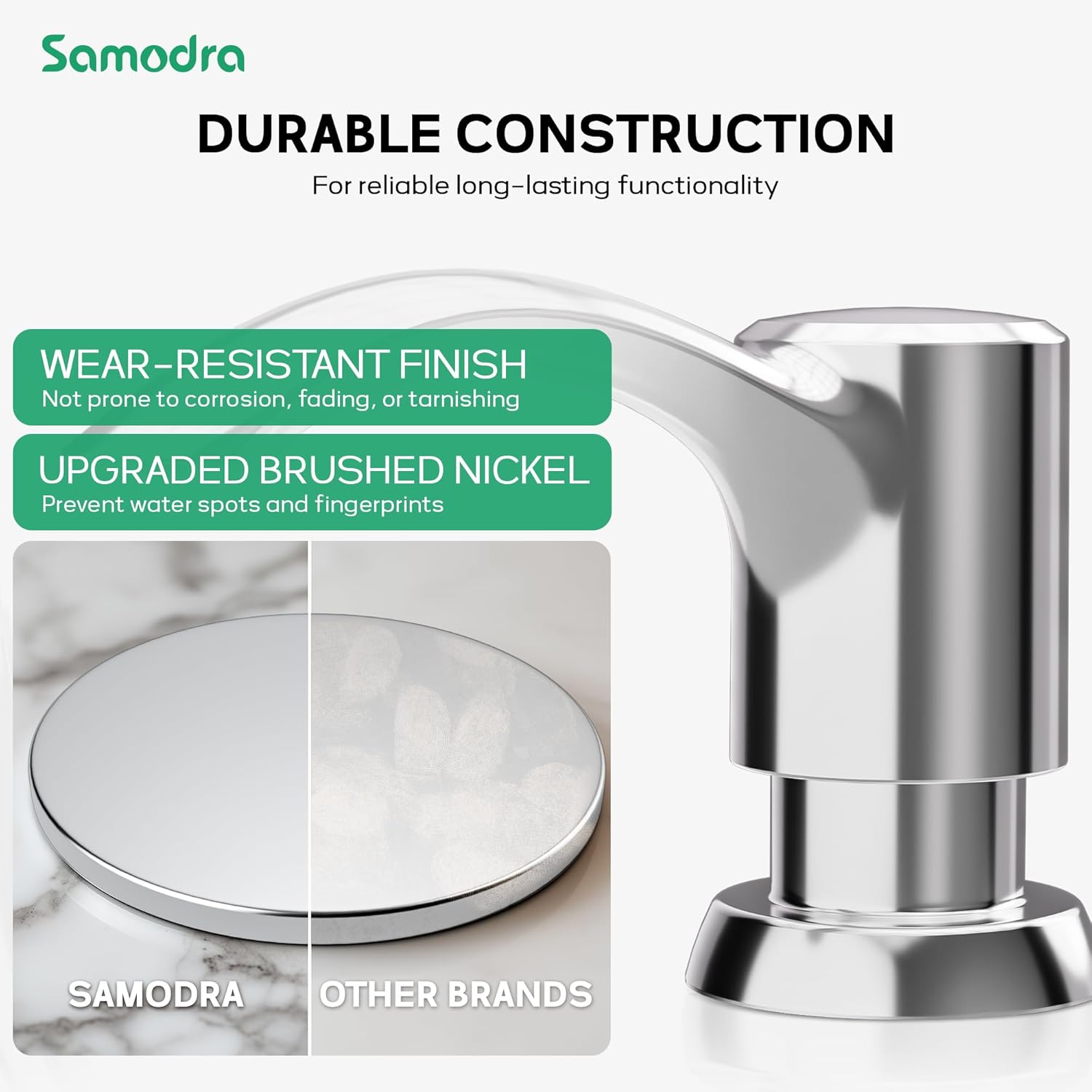 SAMODRA Built in Kitchen Sink Soap Dispenser (Chrome) with 12 oz Large PET Lotion Bottle, Refill from Top