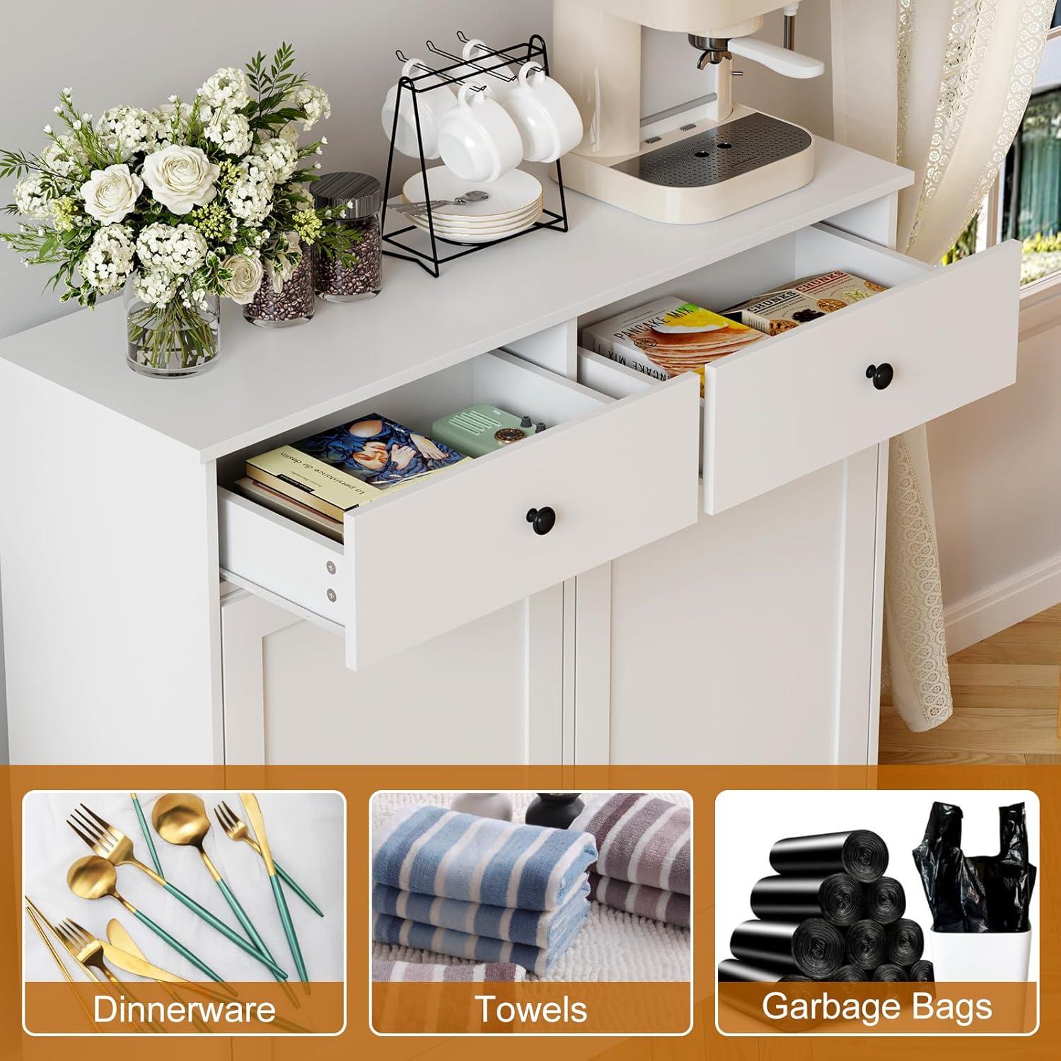 Double Tilt Out Trash Can Cabinet, 2 x 10 Gallon Wooden Trash Bin Cabinet with 2 Hideaway Drawers & Deodorizer, Freestanding Hidden Garbage Can Storage for Kitchen, Dining, Living Room, Pet-Proof Desi