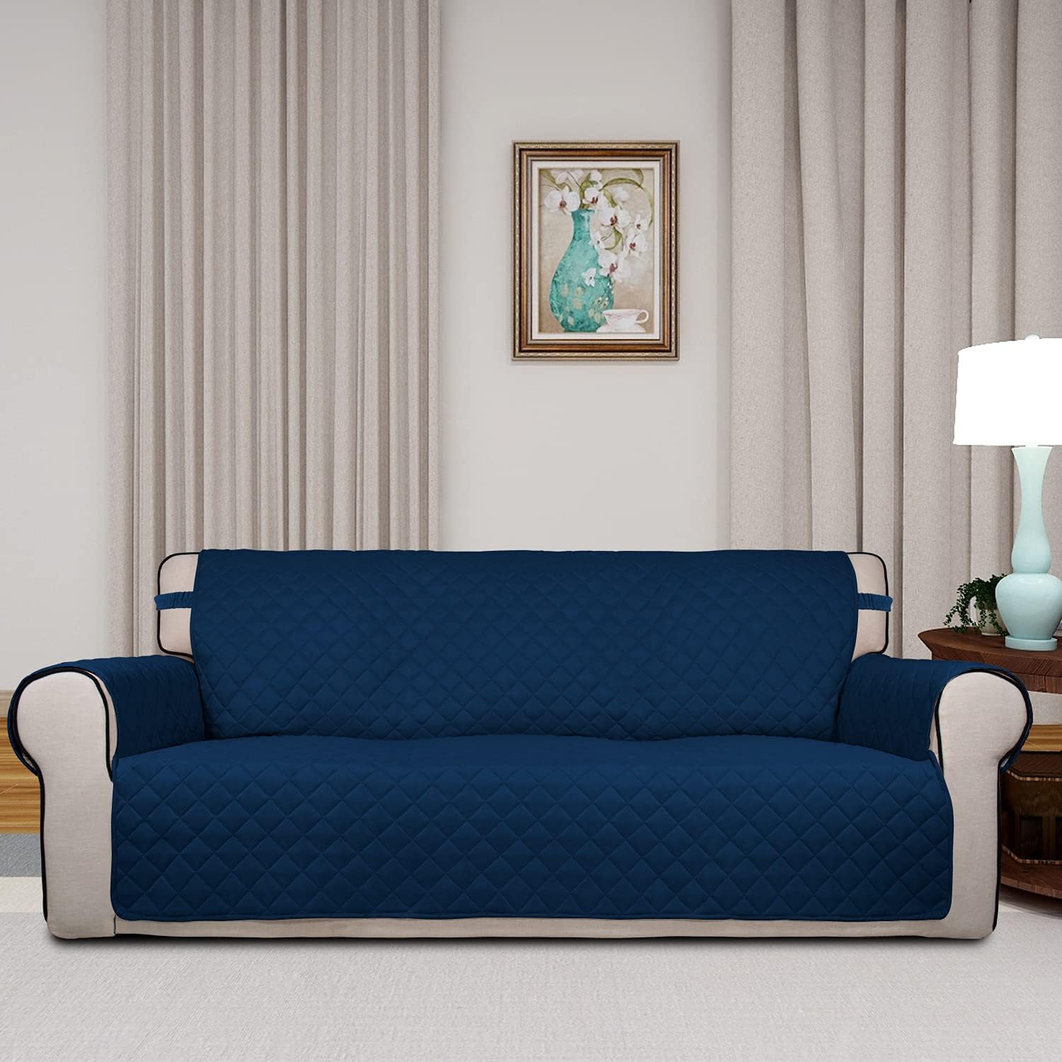 PureFit Reversible Quilted Sofa Cover, Water Resistant Slipcover Furniture Protector, Washable Couch Cover with Non Slip Foam and Elastic Straps for Kids, Pets (X Large, Navy/Navy)