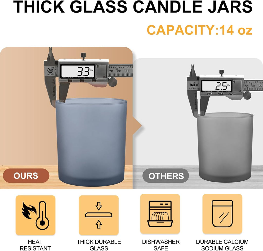 14 OZ Thick Candle Jars for Making Candles 12 Pcs, 3 Wick Empty Jars with Wood Lids for Candle Making, Sample Container, Frosted Grey